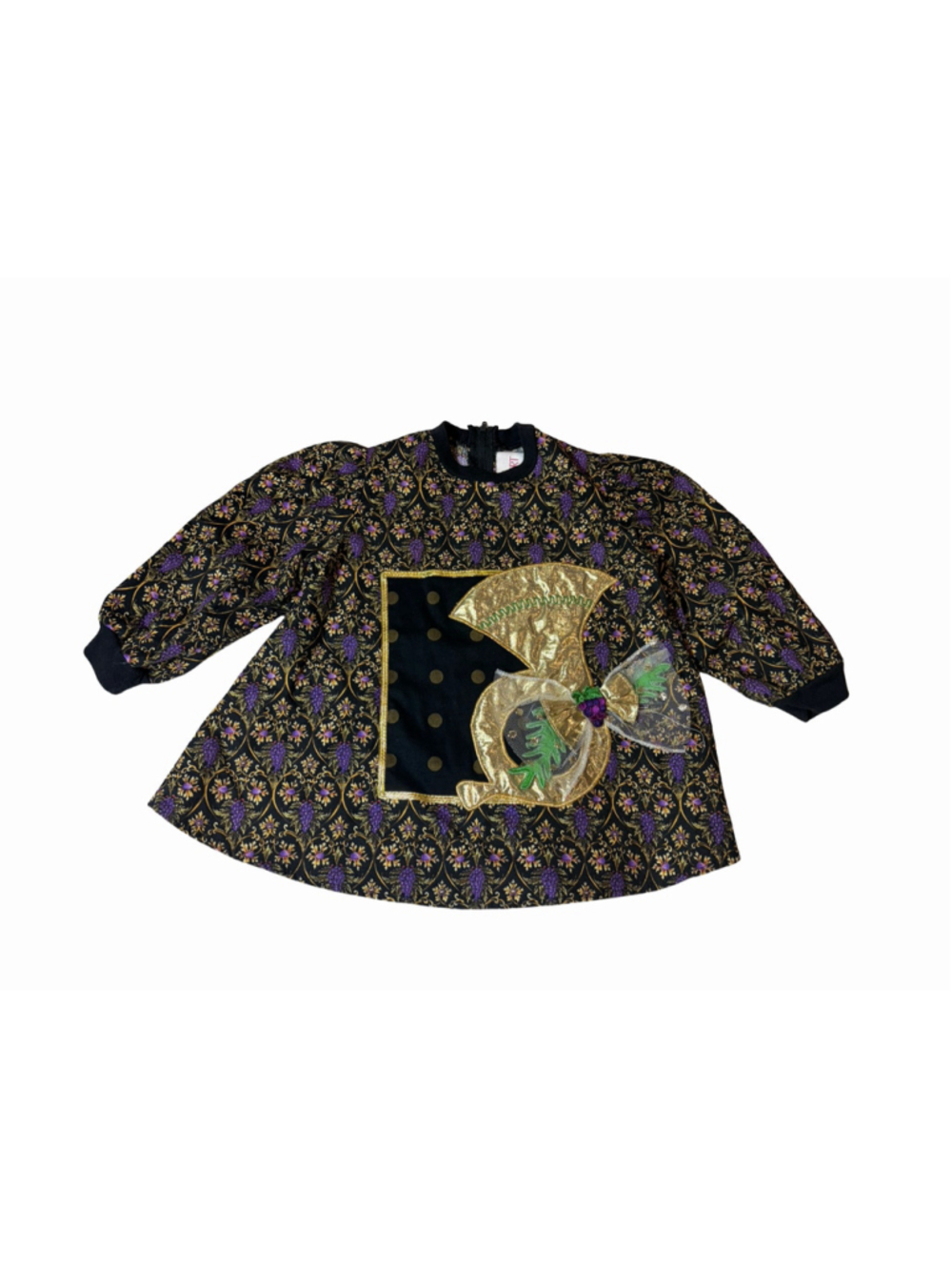 Vintage Kids Wearable Art Fruit Basket Floral Appliqué Long Sleeve Dress